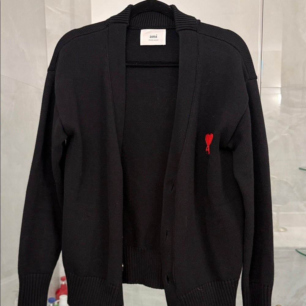 Ami Men's Black Cardigan with Red Accent
